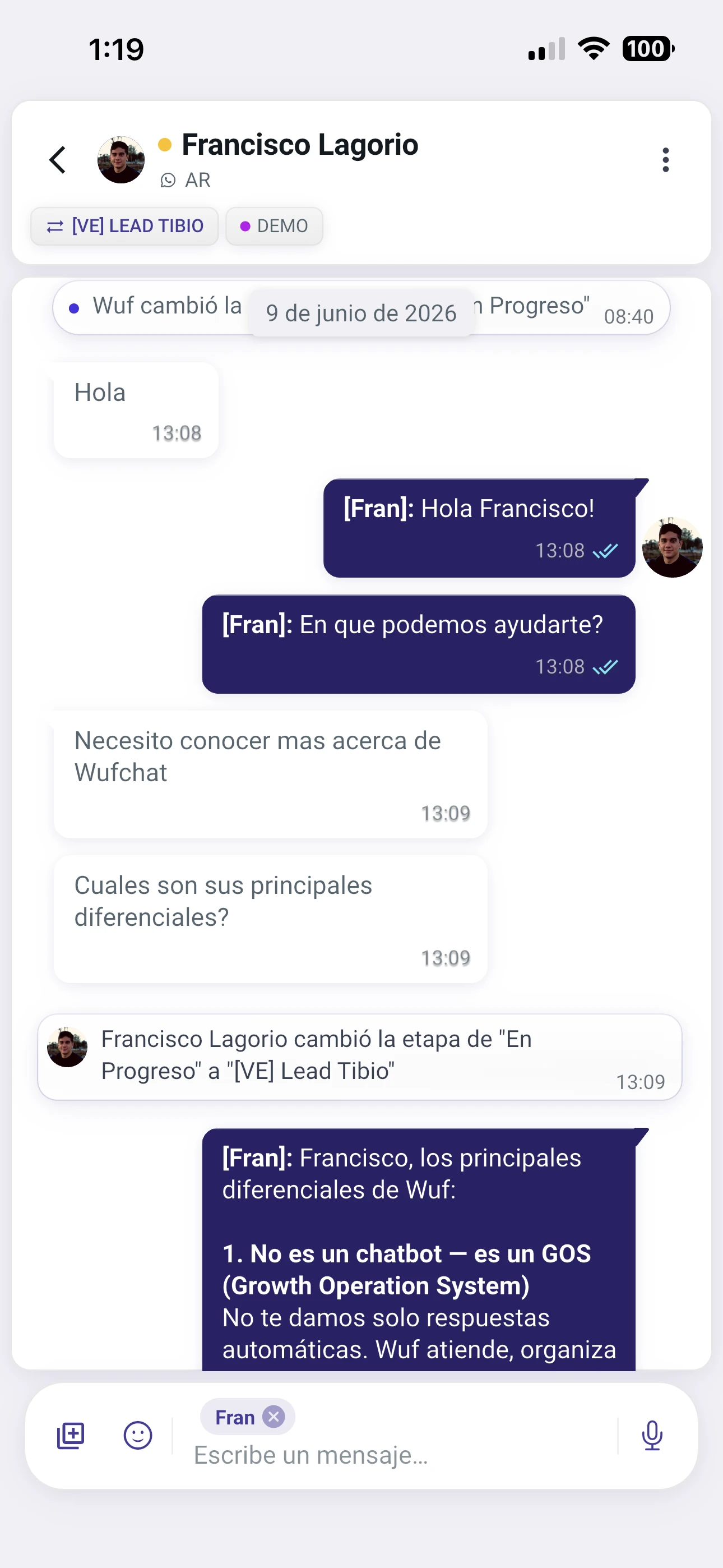 Conversación abierta en la app de Wuf