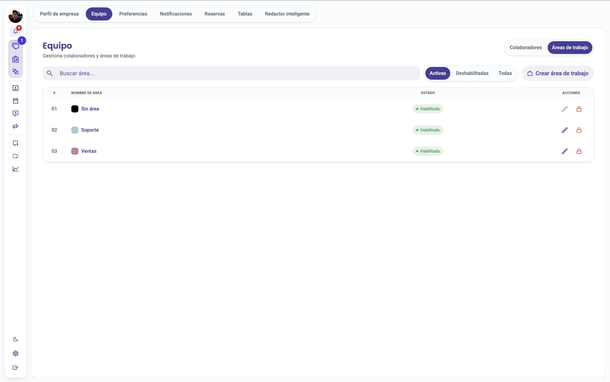 Gestión de áreas de trabajo en Wuf